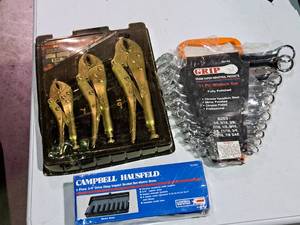 lot 369 image: Lot of (3) Hand Tools - Campbell Hausfeld 9-pc 38 Deep Impact Socket Set Metric, GRIP 11-pc Wrench Set SAE, True-Grip 3-pc Locking Pliers Set