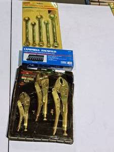 lot 371 image: Lot of (3) Hand Tools - True-Grip 3-pc Locking Pliers Set, GRIP 5-pc Combination Wrench Set, Campbell Hausfeld 9-pc 38 Deep Impact Socket Set Metric