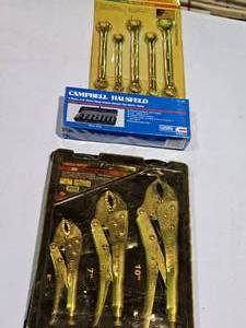 lot 372 image: Lot of (3) Hand Tools - True-Grip 3-pc Locking Pliers Set, GRIP 5-pc Combination Wrench Set, Campbell Hausfeld 9-pc 38 Deep Impact Socket Set Metric