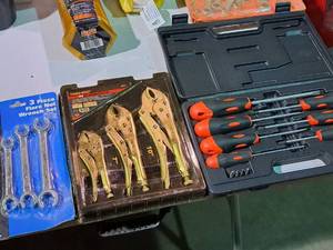 lot 375 image: Lot of (3) Hand Tools - True-Grip 3-pc Locking Pliers Set, Ultra Steel 3-pc Flare Nut Wrench Set Metric, Sir Plus Tools 32-pc Screwdriver & Bit Set