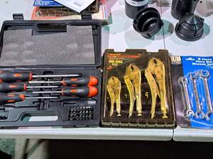lot 374 image: Lot of (3) Hand Tools - True-Grip 3-pc Locking Pliers Set, Ultra Steel 3-pc Flare Nut Wrench Set SAE, Sir Plus Tools 32-pc Screwdriver & Bit Set