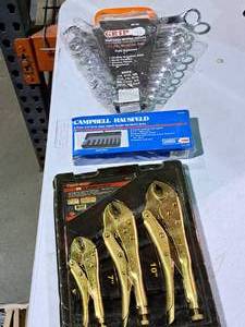 lot 373 image: Lot of (3) Hand Tools - True-Grip 3-pc Locking Pliers Set, GRIP 11-pc Combination Wrench Set SAE, Campbell Hausfeld 9-pc 38 Deep Impact Socket Set Metric