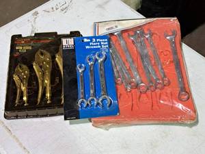 lot 382 image: Lot of (3) Hand Tools - True-Grip 3-pc Locking Pliers Set, Ultra Steel 3-pc Flare Nut Wrench Set SAE, GRIP 10-pc Combination Wrench Set