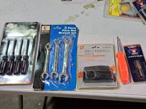 lot 394 image: Lot of (5) Hand Tools - Ultra Steel 3-piece Flare Nut Wrench Set Metric, SE Multi-Function Knife, Screwdriver, Neiko Tools Step Drill Bit 316 to 12, 4-piece Mini Screwdriver Set
