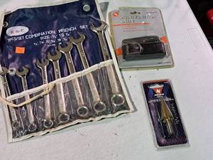 lot 405 image: Lot of (3) Hand Tools - SE Tools Multi-Function Knife, Neiko Tools Step Drill Bit, K&F 7-piece Combination Wrench Set SAE