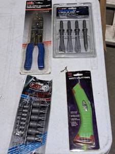 lot 456 image: Lot of (4) Hand Tools - MIT Crimping Tool, GRIP 15-pc Star Bit Socket Set, Safety Utility Knife, Air Force Power Tools 4-pc Air Chisel Set
