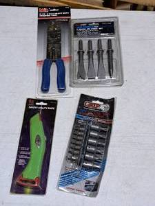 lot 455 image: Lot of (4) Hand Tools - MIT Crimping Tool, GRIP 15-pc Star Bit Socket Set, Safety Utility Knife, Air Force Power Tools 4-pc Air Chisel Set