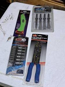 lot 454 image: Lot of (4) Hand Tools - MIT Crimping Tool, GRIP 15-pc Star Bit Socket Set, Safety Utility Knife, Air Force Power Tools 4-pc Air Chisel Set
