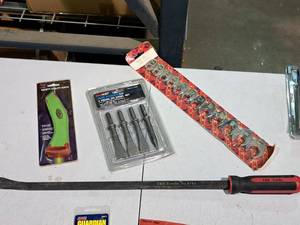 lot 457 image: Lot of (4) Hand Tools - 12-piece Metric Flarenut Crowsfeet, Safety Utility Knife, Air Force Power Tools 4-pc Air Chisel Set, Crowbar