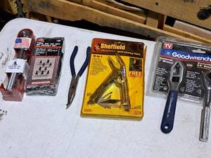lot 460 image: Lot of (6) Hand Tools - Goodwrench Wrench Set, Sheffield 12-in-1 Knife, Needlenose Pliers, MIT 10-pc 38 Hex Bit Socket Set, Boxer 4-pc 38 Tuen-Up Kit