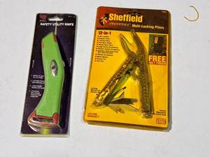 lot 484 image: Lot of (2) Hand Tools (in original packaging) - Sheffield Multi-Locking Pliers, Safety Utility Knife