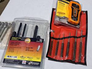 lot 497 image: Lot of (4) Hand Tools - Bondhus 5-pc Hex Socket Bit Set (incomplete), Socket Extension Set, Klein Tools Auto Ranging Multimeter MM500, T&E Tools 5-pc Punch Set