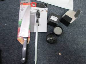 lot 93 image: Butcher Knife & Sharpener, 2 Herb G...