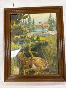 lot 17 image: Vintage Framed Deer Art 17x21 Inch