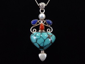 .925 Sterling Silver China Mountain Turquoise, Lapis Lazuli, Coral, and Pearl Pendant Necklace