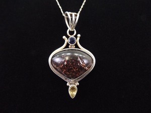 .925 Sterling Silver Red Fire Hematite Amethyst and Citrine Pendant Necklace