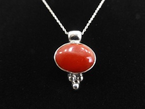 .925 Sterling Silver Red Coral Cabochon Pendant Necklace