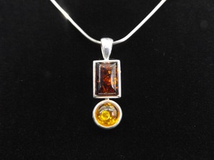 .925 Sterling Silver Red and Yellow Amber Pendant Necklace