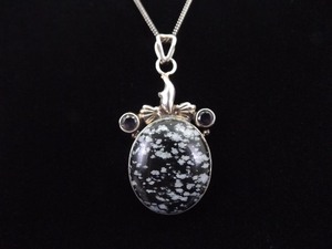 .925 Sterling Silver Snowflake Obsidian and Amethyst Pendant Necklace