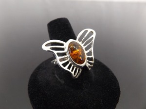 .925 Sterling Silver Amber Cabochon Butterfly Ring Size 9
