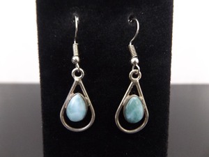 .925 Sterling Silver Larimar Cabochon Dangle Hook Earrings