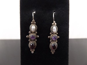 .925 Sterling Silver Garnet, Amethyst, and Pearl Hook Earrings