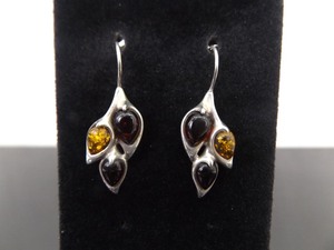 .925 Sterling Silver Red and Yellow Amber Cabochon Hook Earrings