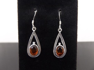 .925 Sterling Silver Amber Cabochon Dangle Hook Earrings