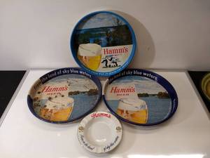 lot 44 image: 3 - Vintage Hamms Beer Metal Serving Trays (Hamms Brewing St Paul, MN)  Hamms Ash Tray