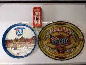 lot 45 image: Vintage Lot of Serving Trays and Tin (Old Style and Jim Beam)