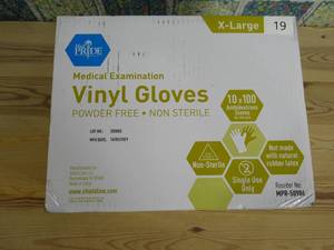 lot 19 image: Med PRIDE Medical Vinyl Examination Gloves (Extra Large, 10 boxes of 100-Count 1,000 gloves total) Latex Free Rubber  Disposable, Ultra-Strong, Clear  Fluid, Blood, Exam, Healthcare, Food Handling Use  No Powder