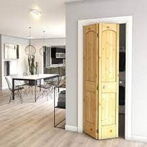 lot 57 image: eightdoors 36 in. x 80 in. x 1-38 in. 2-Panel Arch Top V-Groove Knotty Pine Bi-Fold Door with Hardware Included