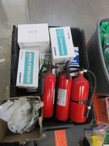 Bin of Safety Supplies - Fire Extinguishers, Face Masks, Safety Glasses & More