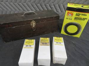 VINTAGE WOODEN TOOL BOX WITH AUTO ITEMS