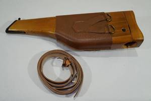 lot 29 image: Wood Stock with Leather Holster for Mauser C96 Broomhandle Pistol