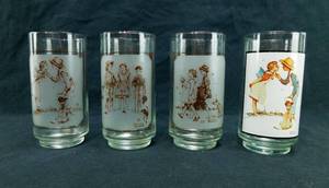 lot 56 image: Lot of 4 Vintage Libbey Norman Rockwell Art High Ball Glasses - 3 in Sepia and one in color