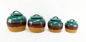 Set of 4 Walt Glass Drip Glaze Texas Southwest Pottery Covered Canisters
