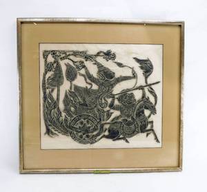 Stunning Vintage 1960s 1970s Thai Temple Rubbing on Rice Paper Matted and Framed