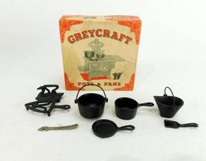 Vintage Greycraft Miniature Cast Iron Pots and Pans No. U-120 and Iron Art Stand and Iron