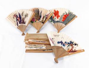 Lot of 24 Vintage Chinese Paper Hand Fans in 4 Styles