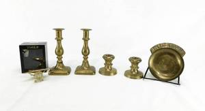 Lot of Vintage Brass Decor Including Timex Collectible Mini Plane Clock, Candlesticks and Pocket Change Holder