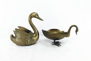 Set of 2 Heavy Brass Swan Planters