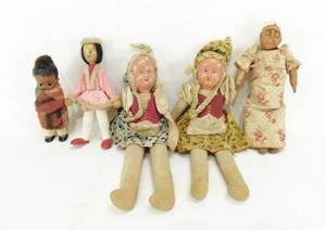 Lot of 5 Vintage Dolls Including Skookum Style Doll, Wooden Polish, Polish Rag Dolls and Handmade Doll