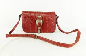 Vintage American West Hand Tooled Hand Stained Red Leather Flap Adjustable  Shoulder Bag