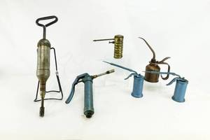 Lot of Grease Guns and Oil Cans Including Alemite Hydraulic Gun and Eagle Oil Cans