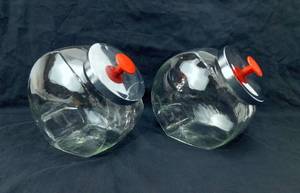 Set of Vintage Heavy Glass with Chrome and Red Handled Canister, Cookie, Candy Jars