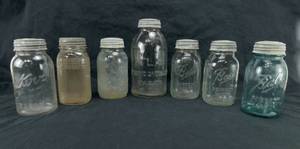 Lot of 7 Vintage Canning Jars Including Atlas, Ball, Kerr and Porcelain Lined Zinc Lids