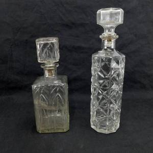 Two Vintage Glass Decanters with Cork Stoppers