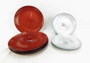 Lot of 6 Pier 1 Glass Dinner Plates in Glossy Red  and 3 Pier 1 Salad Glass Plates in Glossy Silver Made in Turkey