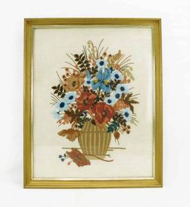 Vintage 1982 Blue and Rust Bouquet Crewel Embroidery Framed Print by Gloria Eriksen
